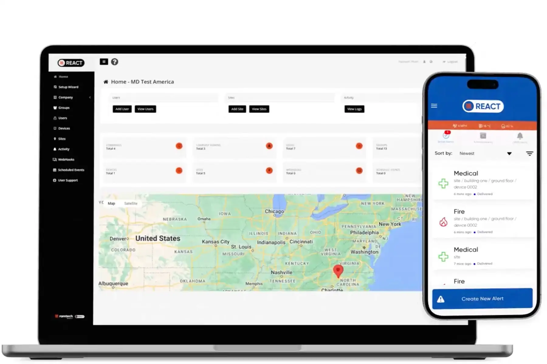 REACT cloudplatform — desktop en mobiele weergave van het ASG Fire-Alert® dashboard
